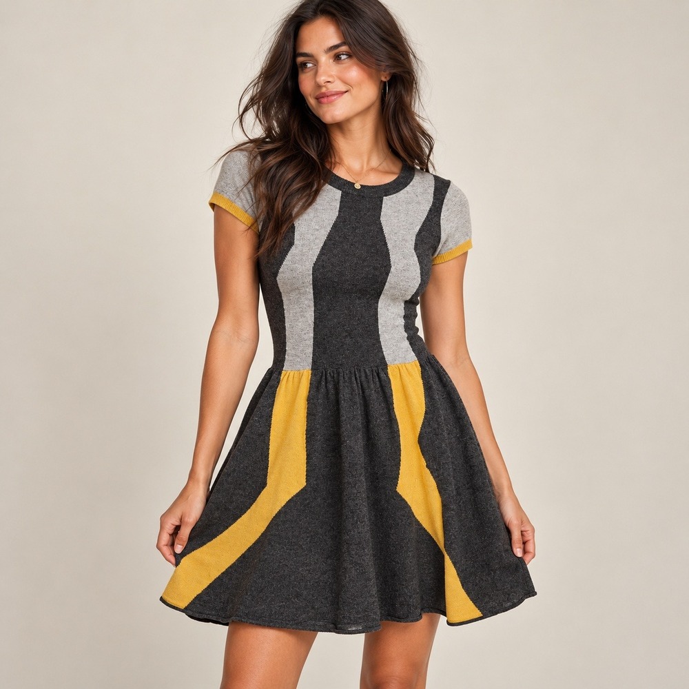 THML Colorblock Sweater Dress Mini Preppy Y2K style Geometric Fit Flare Large
